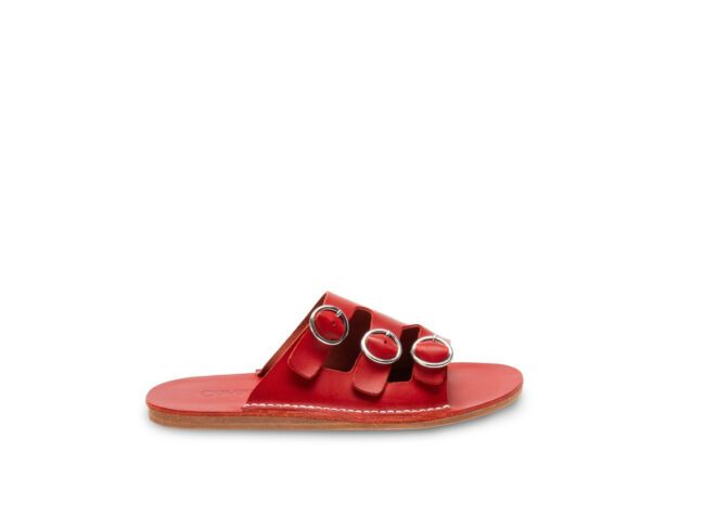 a red Líria sandal seen from the side